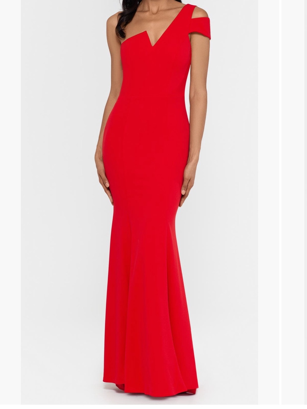 Burgandy One-Shoulder Evening Gown.
